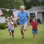 Senior man running and smiling in a backyard with a little boy and girl