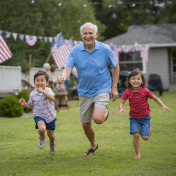 Senior man running and smiling in a backyard with a little boy and girl