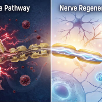 Graphic showing damaged nerve pathways and new nerve regeneration and nerve healing