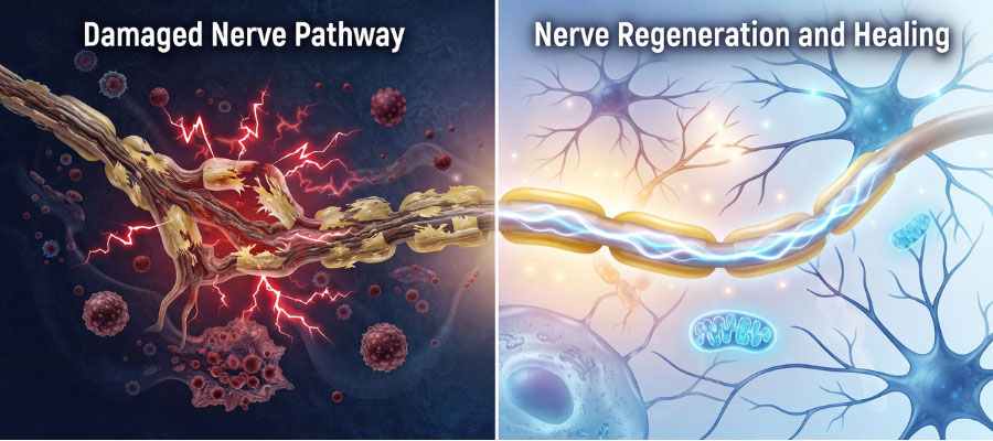 Graphic showing damaged nerve pathways and new nerve regeneration and nerve healing