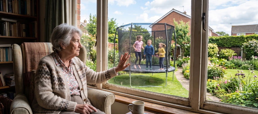 Elderly woman sitting in a chair and looking out the window at 3 children bouncing on a trampoline.